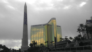 Luxor Obelisk and Mandalay Bay Casino daytime cloudy